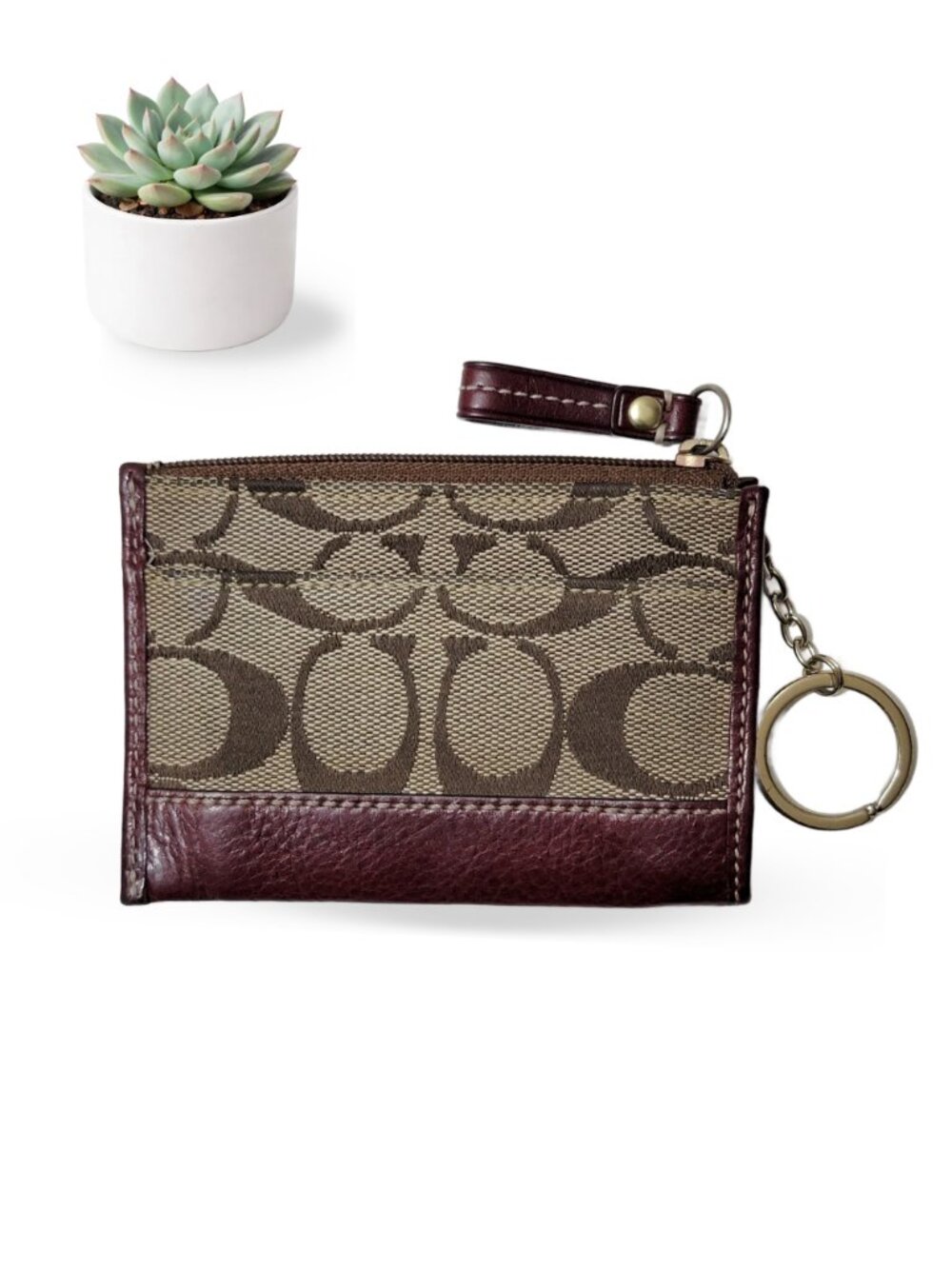 Coach Mini Skinny ID Case Signature Canvas Khaki Bordeaux Keyring Wallet Vintage - Picture 3 of 5